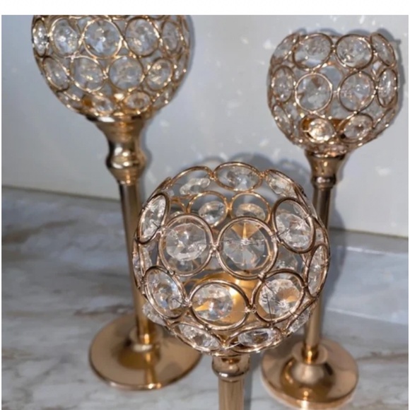🪞 NEW set- sparkling votive decorative set of 3 in rose gold tone with crystals - Picture 2 of 4